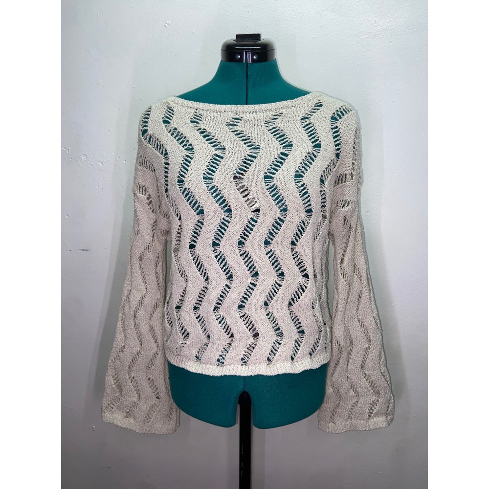 Whimsigoth Wavy Open Knit Flare Sleeve Sweater Crochet Boho Festival Fairy XS